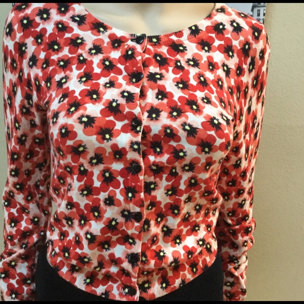 Divided Red Flowers Poppy Cute Cardigan Button Women Cardigan 100% Cotton Size 4